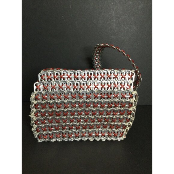 Handmade Aluminum Pop Tab Bag Purse Red String Accents Button Closure - Picture 4 of 8